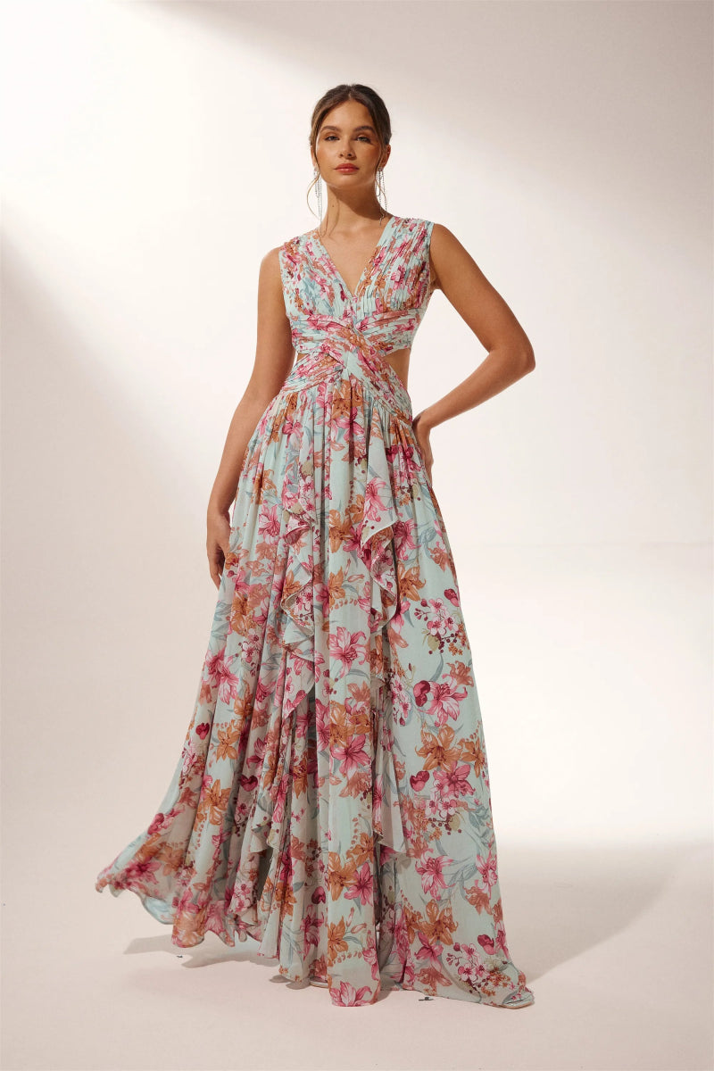 dresses - Anila Printed Pleated Ruffle Maxi Dress - SD00207251053 - Blue - S - Sunfere