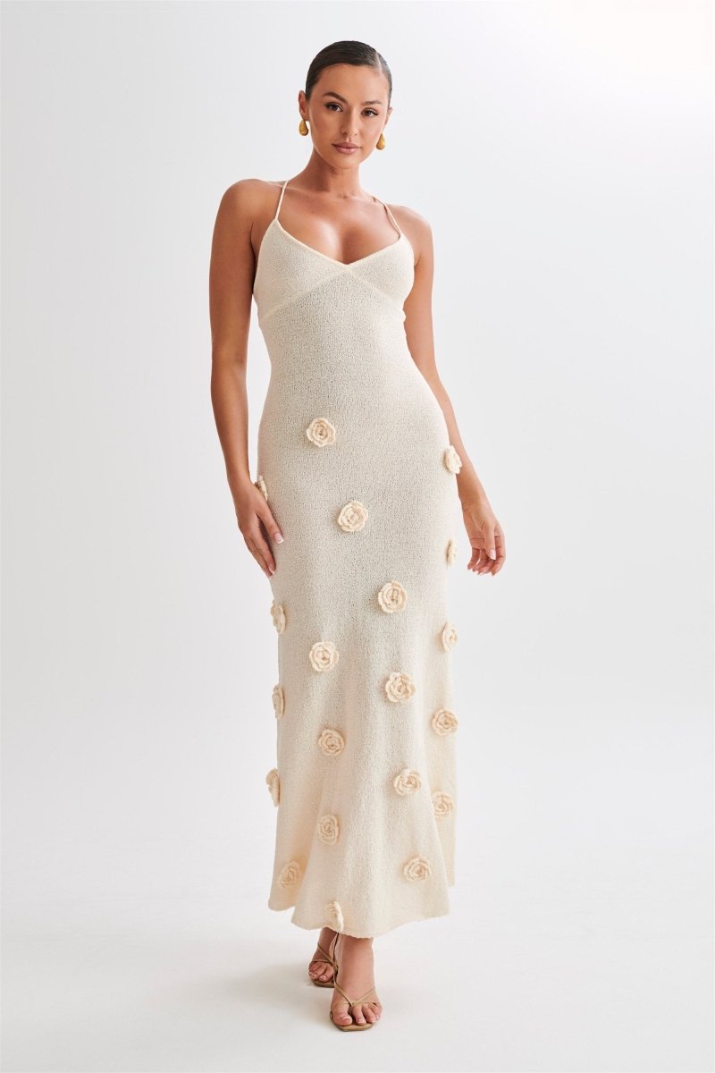 dresses - Edwina V - neck Knitted Floral Maxi Dress - SD00707233166 - Beige - S - Sunfere