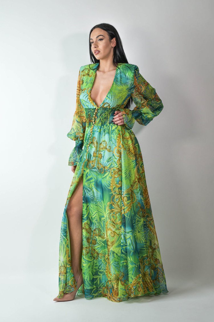 dresses - Eve Tropical Patterned V - nevk Maxi Dress - SD00607083075 - Green - S - Sunfere