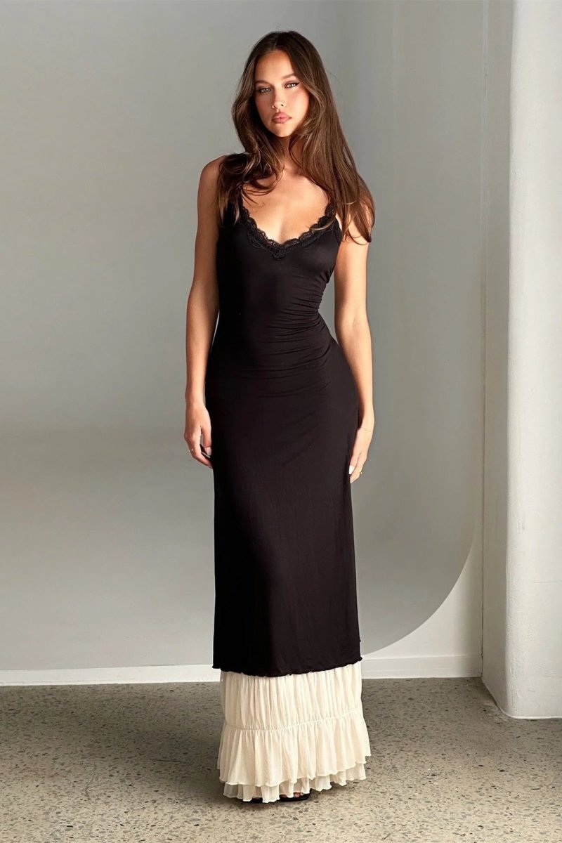 dresses - Irene V - neck Lace Trim Maxi Dress - SD00607113102 - Black - S - Sunfere