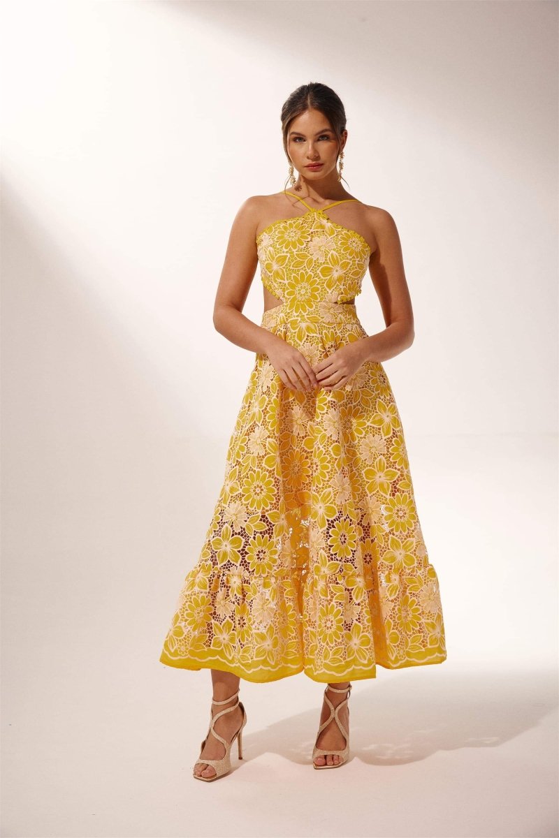 dresses - Jessica Embroidered Lace Halterneck Midi Dress - SD00607023008 - Yellow - S - Sunfere