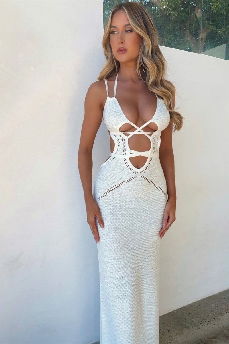 dresses - Megan Knitted Hollow Out Maxi Dress - SD00707223169 - White - S - Sunfere