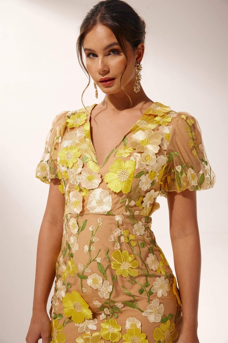 dresses - Sally V - neck Floral Midi Dress - SD00607043017 - Yellow - S - Sunfere