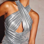 dresses-Heloise Metallic Cross Halter Neck Maxi Dress-SD00603072408-Silver-S - Sunfere