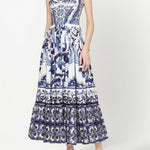 dresses-Sibyl Printed Shirred Strap Maxi Dress-SD0020627642-Blue-S - Sunfere