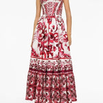 dresses-Sibyl Printed Shirred Strap Maxi Dress-SD0020627642-Red-S - Sunfere